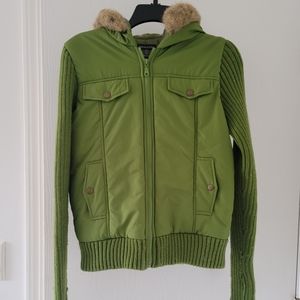 American Attitudes Jacket Womens Juniors Size L Green Hooded Puffer Knit Sleeves